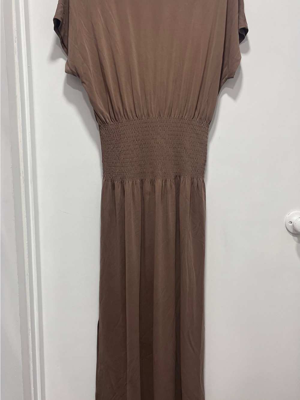Splendid Brown Smocked-Waist Maxi Dress with two slits on bottom